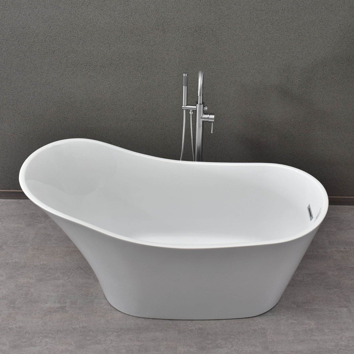 WoodBridge B0029 59" White Acrylic Freestanding Soaking Bathtub With Chrome Drain, Overflow, F0071CHVT Tub Filler and Caddy Tray