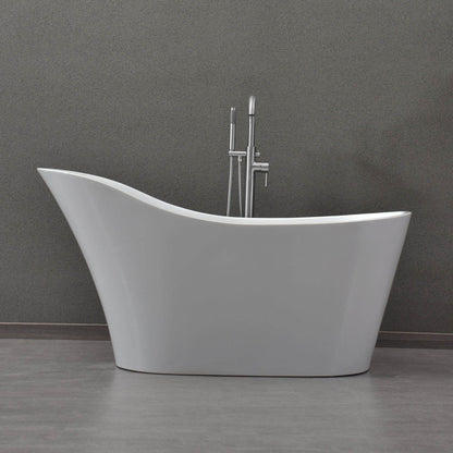 WoodBridge B0029 59" White Acrylic Freestanding Soaking Bathtub With Chrome Drain, Overflow, F0071CHVT Tub Filler and Caddy Tray