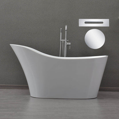 WoodBridge B0029 59" White Acrylic Freestanding Soaking Bathtub With Chrome Drain, Overflow, F0071CHVT Tub Filler and Caddy Tray