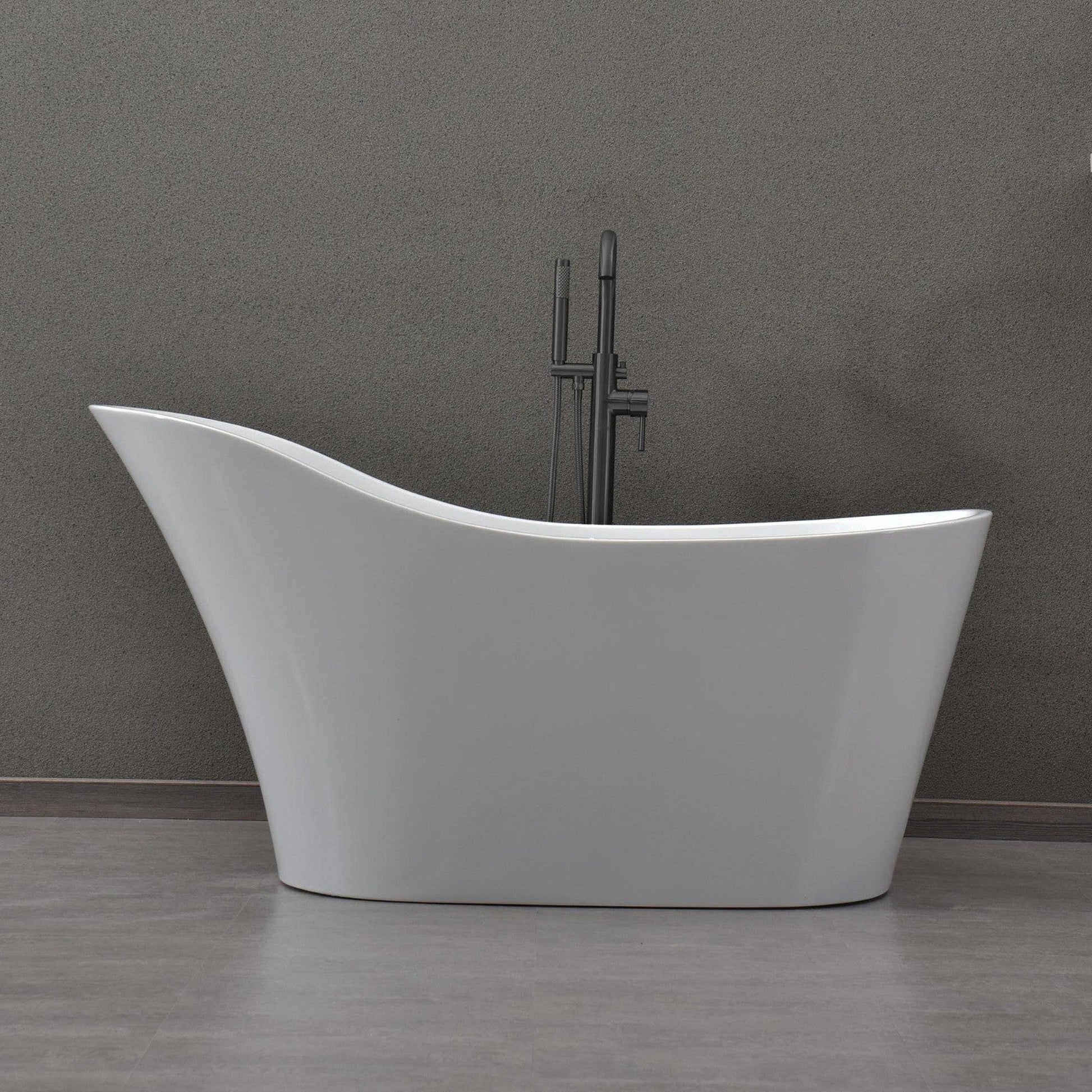 WoodBridge B0029 59" White Acrylic Freestanding Soaking Bathtub With Matte Black Drain, Overflow, F0072MBVT Tub Filler and Caddy Tray