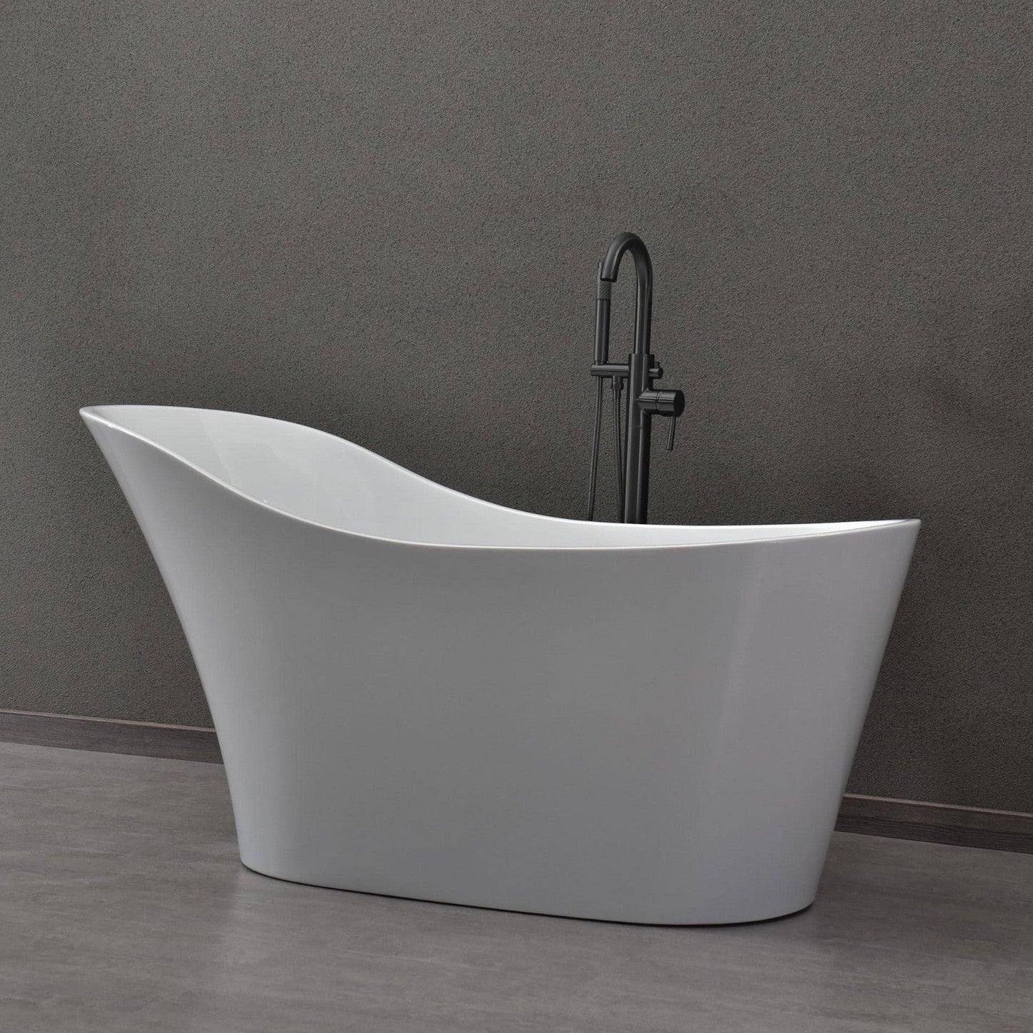 WoodBridge B0029 59" White Acrylic Freestanding Soaking Bathtub With Matte Black Drain, Overflow, F0072MBVT Tub Filler and Caddy Tray