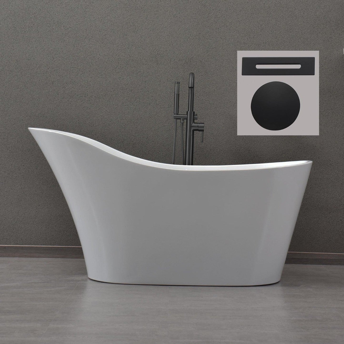 WoodBridge B0029 59" White Acrylic Freestanding Soaking Bathtub With Matte Black Drain, Overflow, F0072MBVT Tub Filler and Caddy Tray