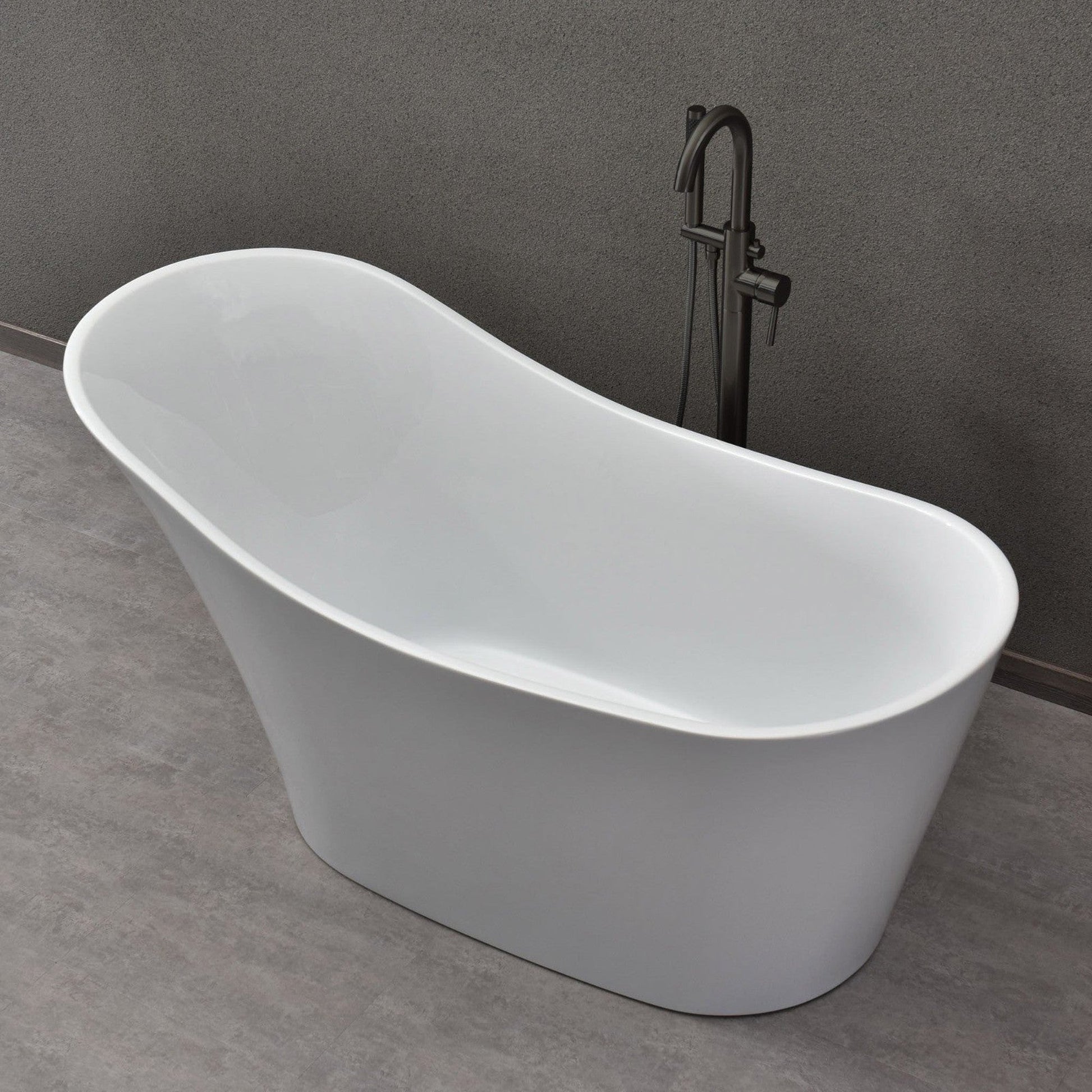 WoodBridge B0029 59" White Acrylic Freestanding Soaking Bathtub With Matte Black Drain, Overflow, F0072MBVT Tub Filler and Caddy Tray