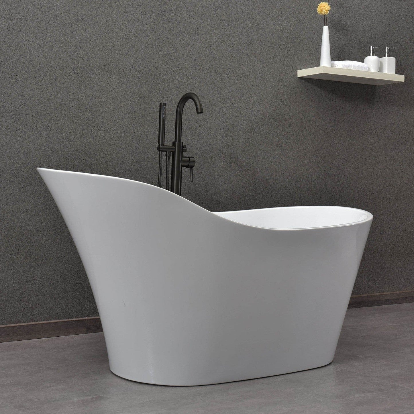 WoodBridge B0029 59" White Acrylic Freestanding Soaking Bathtub With Matte Black Drain, Overflow, F0072MBVT Tub Filler and Caddy Tray