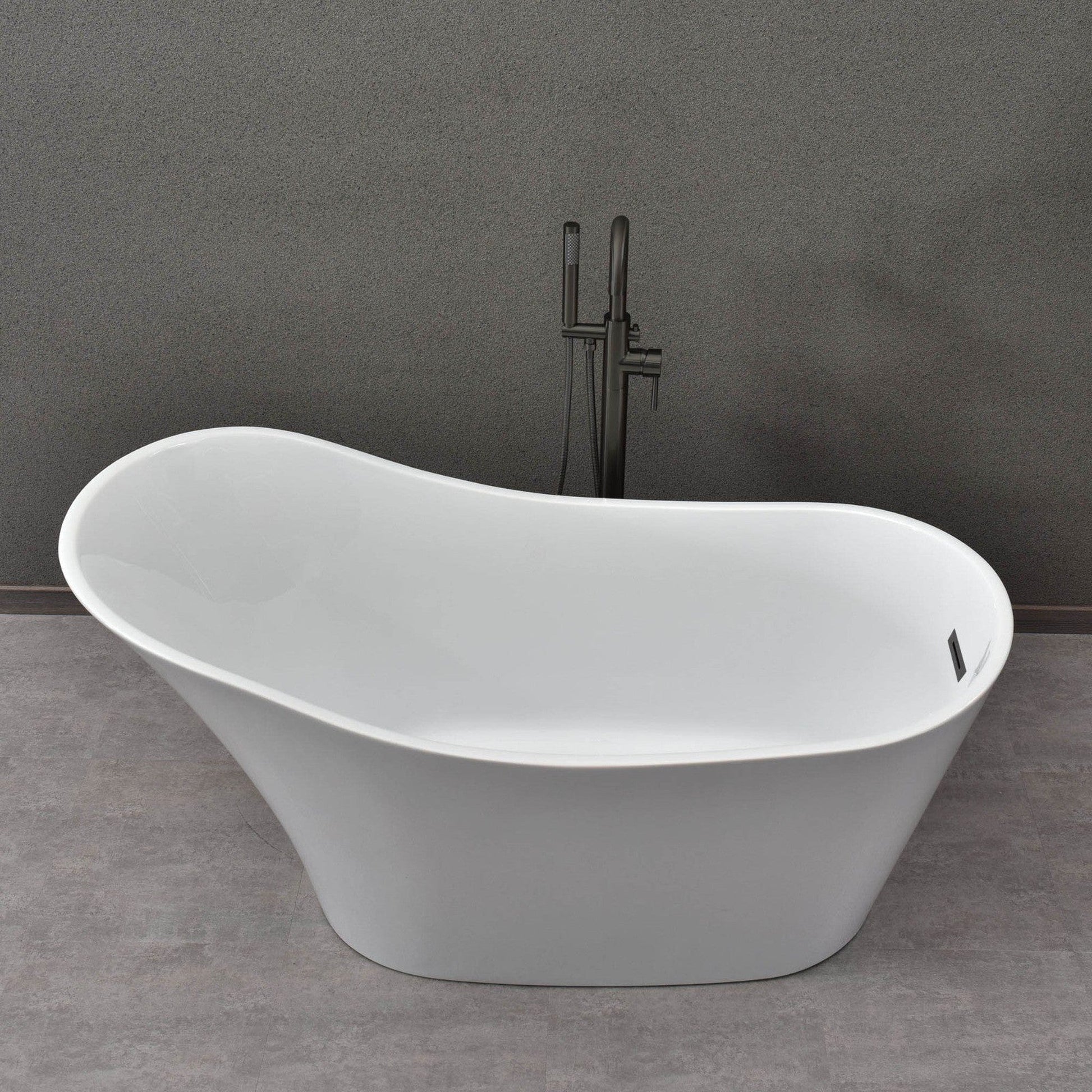 WoodBridge B0029 59" White Acrylic Freestanding Soaking Bathtub With Matte Black Drain, Overflow, F0072MBVT Tub Filler and Caddy Tray