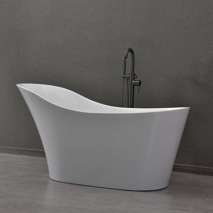 WoodBridge B0029 59" White Acrylic Freestanding Soaking Bathtub With Matte Black Drain and Overflow