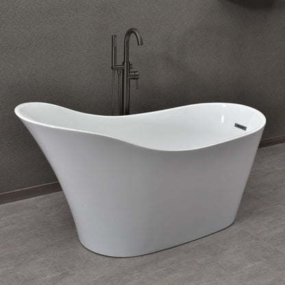 WoodBridge B0029 59" White Acrylic Freestanding Soaking Bathtub With Matte Black Drain and Overflow