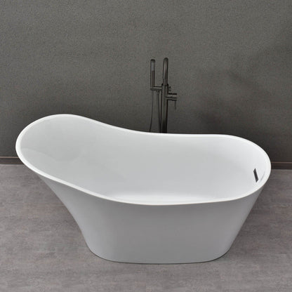 WoodBridge B0029 59" White Acrylic Freestanding Soaking Bathtub With Matte Black Drain and Overflow