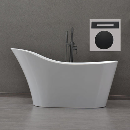 WoodBridge B0029 59" White Acrylic Freestanding Soaking Bathtub With Matte Black Drain and Overflow