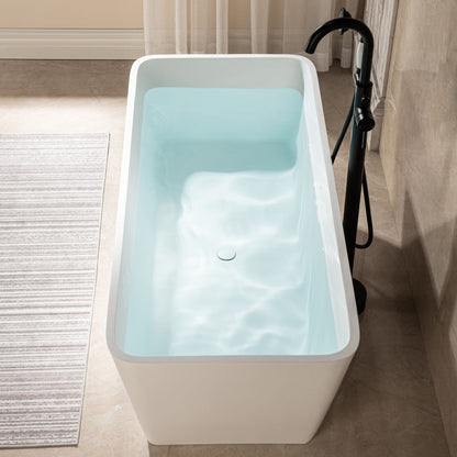 WoodBridge B0046 59" Matte White Luxury Contemporary Solid Surface Freestanding Bathtub With F0002CHRD Chrome Tub Filler and Caddy Tray