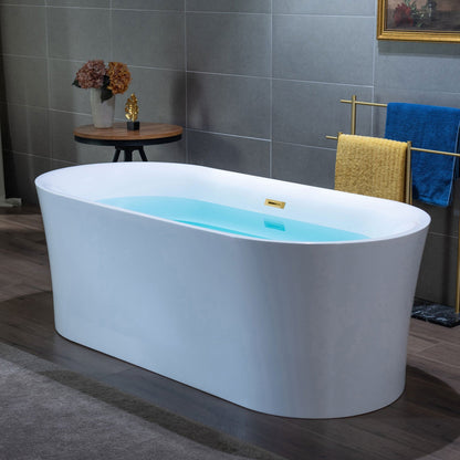 WoodBridge B0057 67" White Acrylic Freestanding Contemporary Soaking Bathtub With Brushed Gold Overflow and Drain