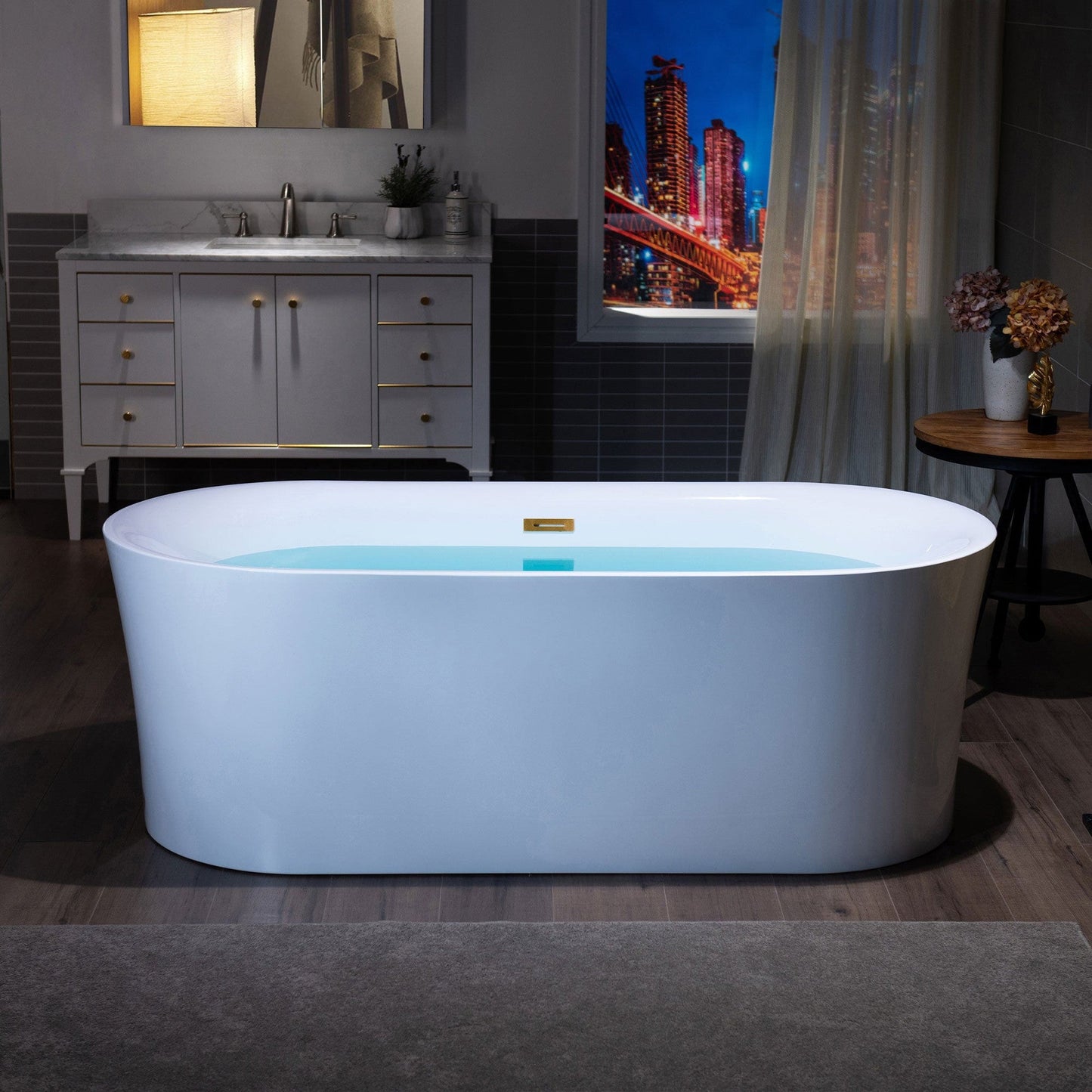 WoodBridge B0057 67" White Acrylic Freestanding Contemporary Soaking Bathtub With Brushed Gold Overflow and Drain