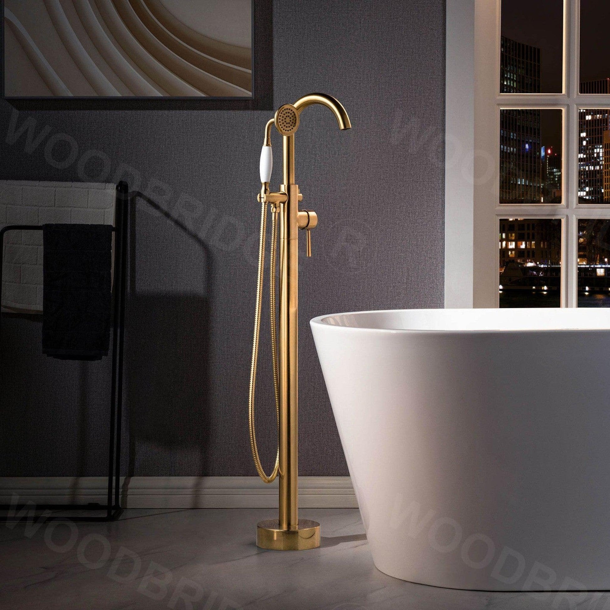 WoodBridge B0064 59" White Acrylic Freestanding Contemporary Soaking Bathtub With Brushed Gold Overflow, Drain, F0026BGVT Tub Filler and Caddy Tray