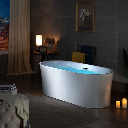 WoodBridge B0057 67" White Acrylic Freestanding Contemporary Soaking Bathtub With Matte Black Overflow and Drain