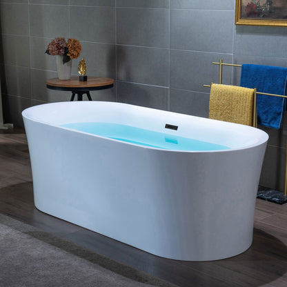 WoodBridge B0057 67" White Acrylic Freestanding Contemporary Soaking Bathtub With Matte Black Overflow and Drain