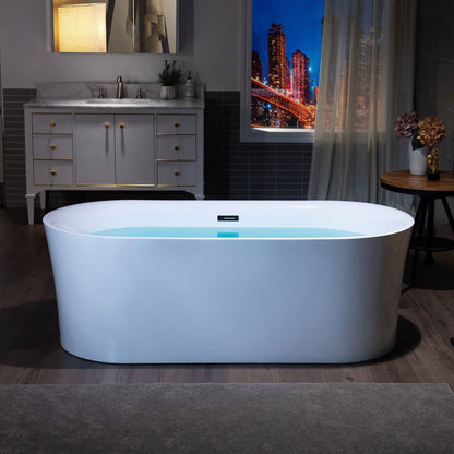 WoodBridge B0057 67" White Acrylic Freestanding Contemporary Soaking Bathtub With Matte Black Overflow and Drain