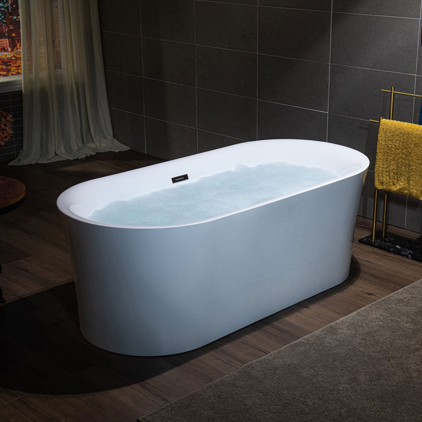 WoodBridge B0057 67" White Acrylic Freestanding Contemporary Soaking Bathtub With Oil Rubbed Bronze Overflow and Drain