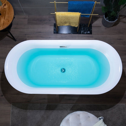 WoodBridge B0058 59" White Acrylic Freestanding Contemporary Soaking Bathtub With Brushed Nickel Overflow, Drain, F0023BNRD Tub Filler and Caddy Tray