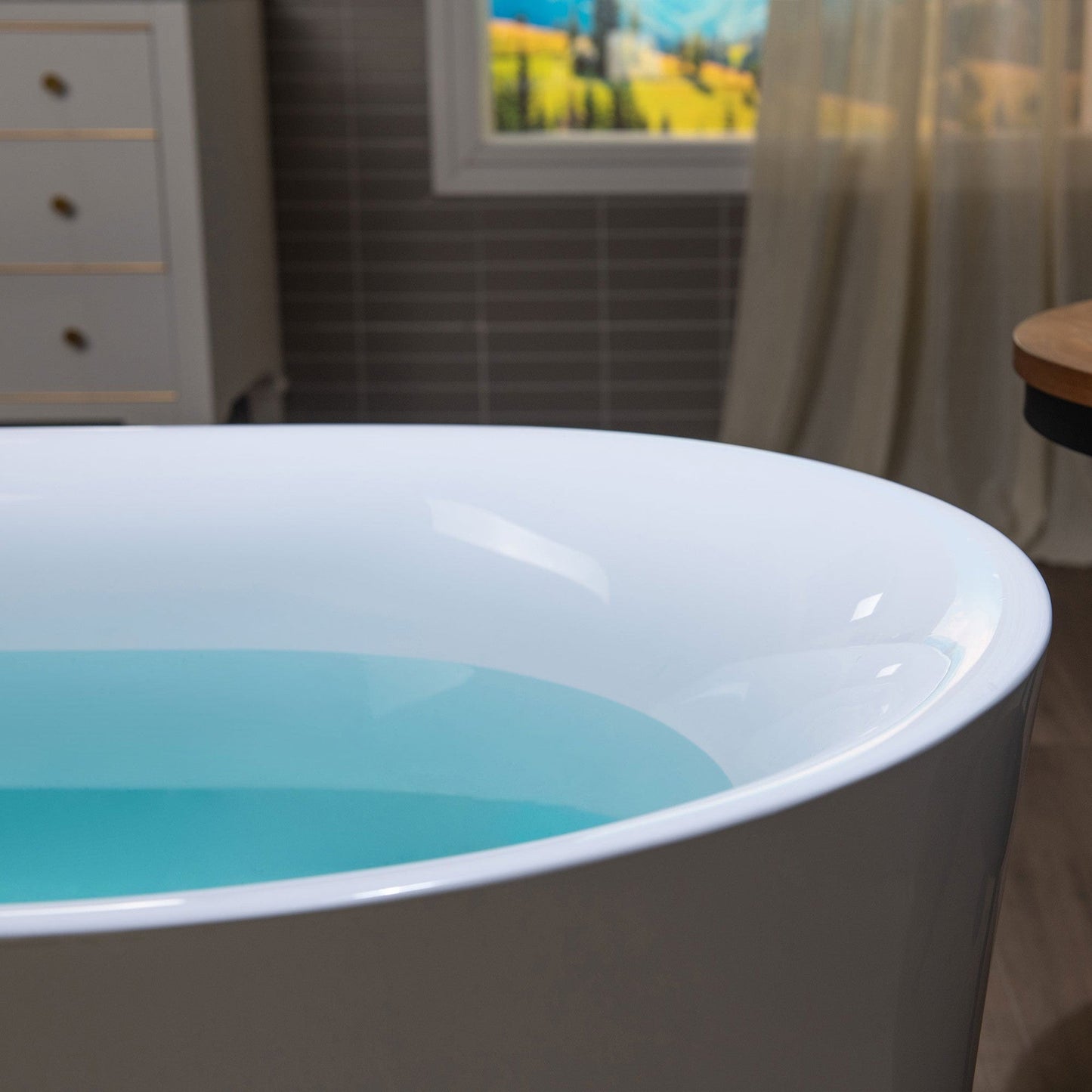 WoodBridge B0058 59" White Acrylic Freestanding Contemporary Soaking Bathtub With Brushed Nickel Overflow, Drain, F0023BNRD Tub Filler and Caddy Tray