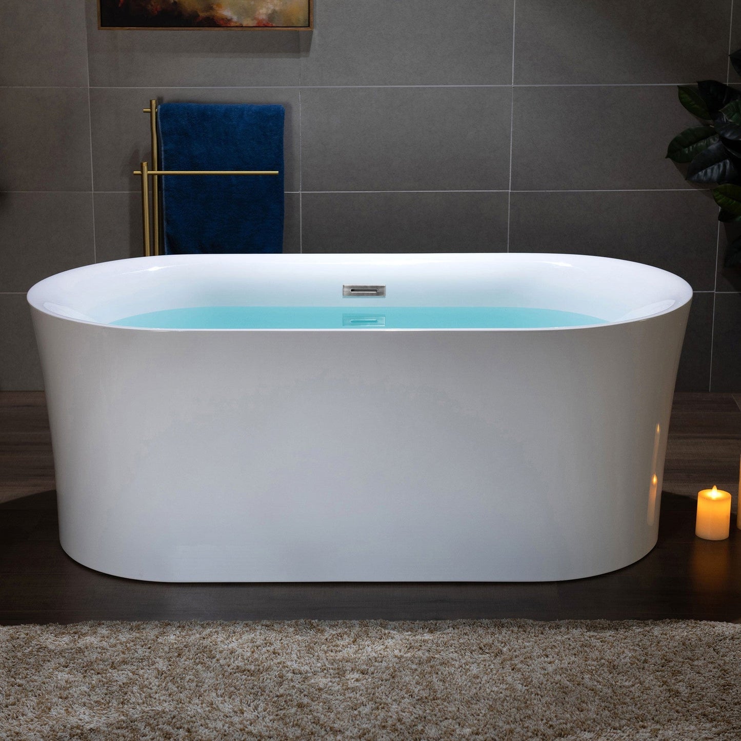 WoodBridge B0058 59" White Acrylic Freestanding Contemporary Soaking Bathtub With Brushed Nickel Overflow, Drain, F0023BNRD Tub Filler and Caddy Tray