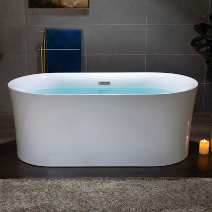 WoodBridge B0058 59" White Acrylic Freestanding Contemporary Soaking Bathtub With Brushed Nickel Overflow, Drain, F0023BNRD Tub Filler and Caddy Tray