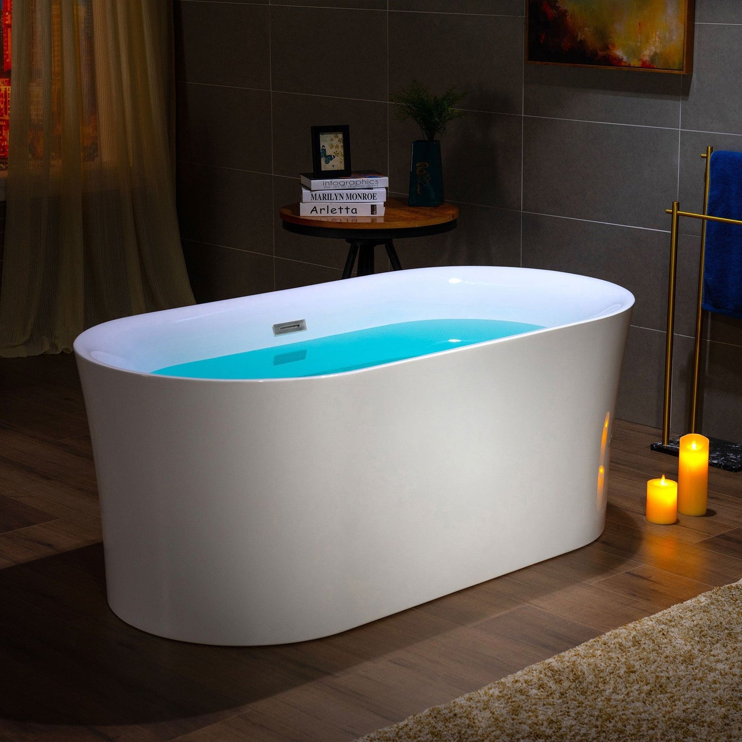 WoodBridge B0058 59" White Acrylic Freestanding Contemporary Soaking Bathtub With Brushed Nickel Overflow, Drain, F0023BNRD Tub Filler and Caddy Tray