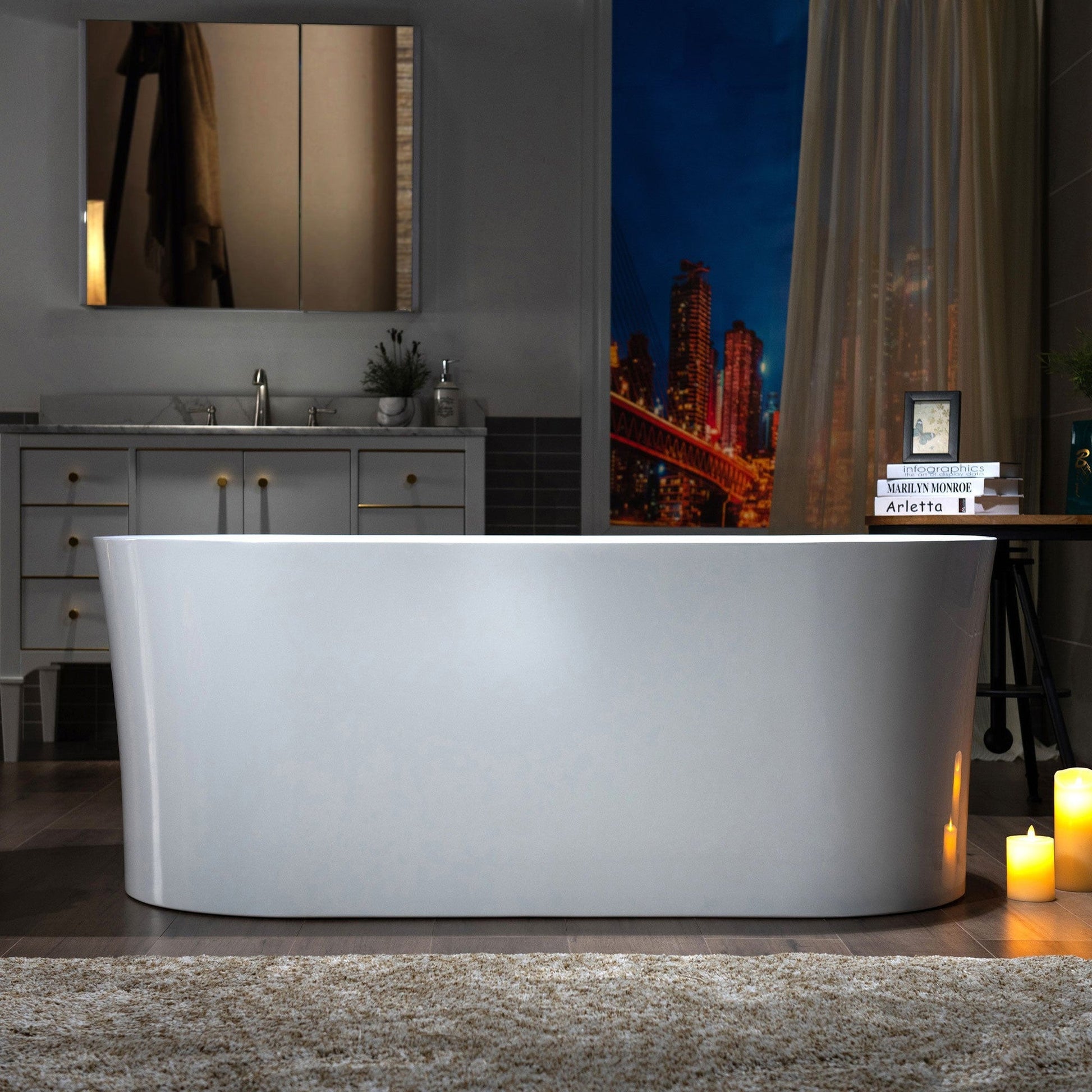 WoodBridge B0058 59" White Acrylic Freestanding Contemporary Soaking Bathtub With Brushed Nickel Overflow, Drain, F0023BNRD Tub Filler and Caddy Tray