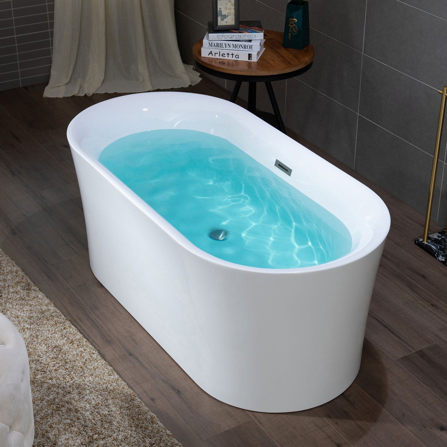 WoodBridge B0058 59" White Acrylic Freestanding Contemporary Soaking Bathtub With Brushed Nickel Overflow, Drain, F0023BNRD Tub Filler and Caddy Tray