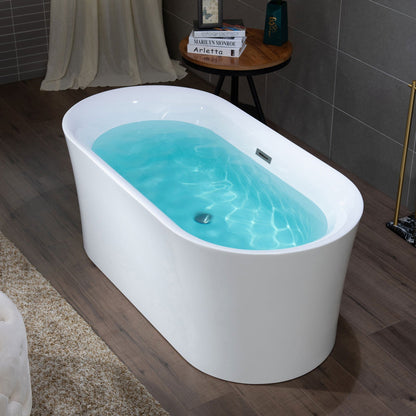 WoodBridge B0058 59" White Acrylic Freestanding Contemporary Soaking Bathtub With Brushed Nickel Overflow, Drain, F0023BNRD Tub Filler and Caddy Tray