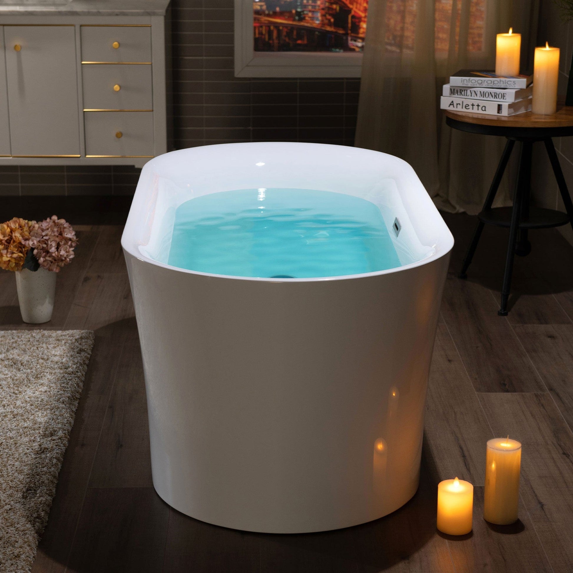 WoodBridge B0058 59" White Acrylic Freestanding Contemporary Soaking Bathtub With Brushed Nickel Overflow, Drain, F0023BNRD Tub Filler and Caddy Tray