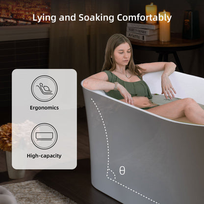 WoodBridge B0058 59" White Acrylic Freestanding Contemporary Soaking Bathtub With Brushed Nickel Overflow, Drain, F0023BNRD Tub Filler and Caddy Tray