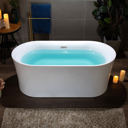 WoodBridge B0058 59" White Acrylic Freestanding Contemporary Soaking Bathtub With Brushed Nickel Overflow, Drain, F0023BNRD Tub Filler and Caddy Tray