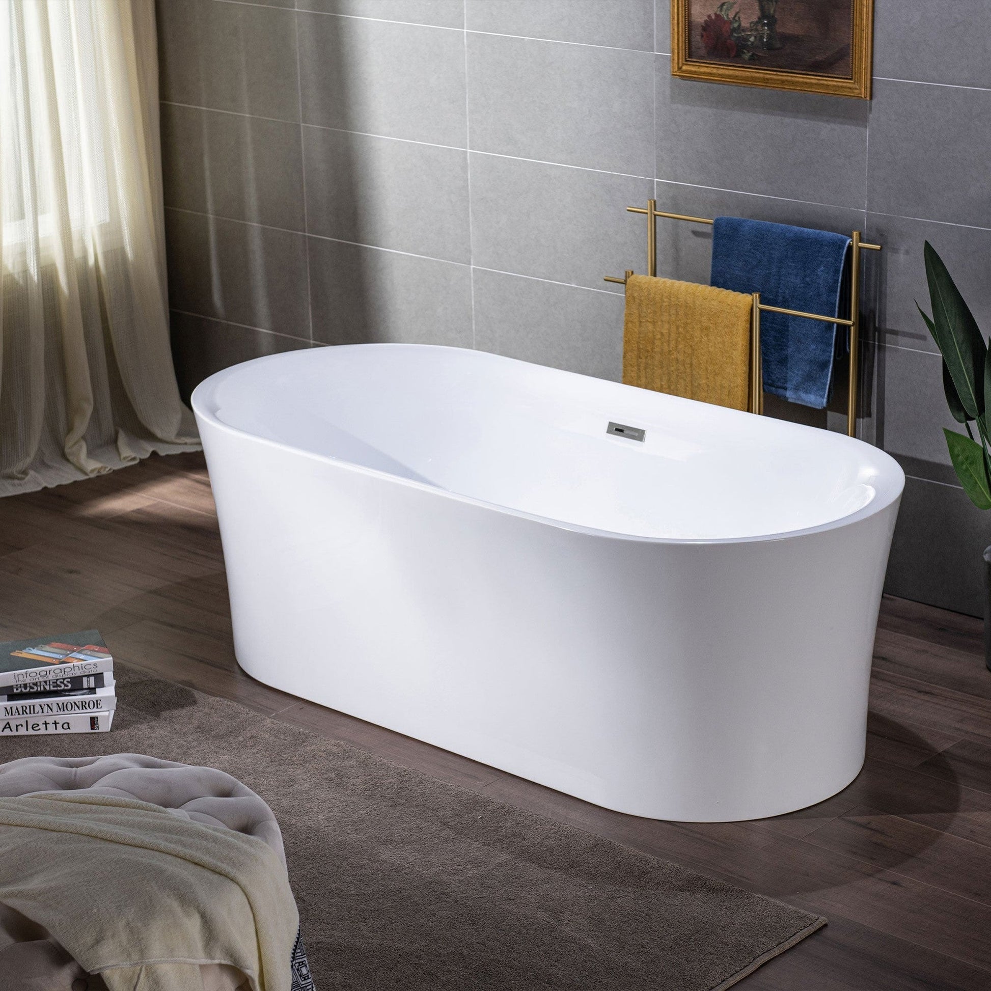 WoodBridge B0058 59" White Acrylic Freestanding Contemporary Soaking Bathtub With Brushed Nickel Overflow, Drain, F0023BNRD Tub Filler and Caddy Tray