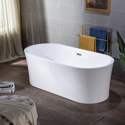 WoodBridge B0058 59" White Acrylic Freestanding Contemporary Soaking Bathtub With Brushed Nickel Overflow, Drain, F0023BNRD Tub Filler and Caddy Tray