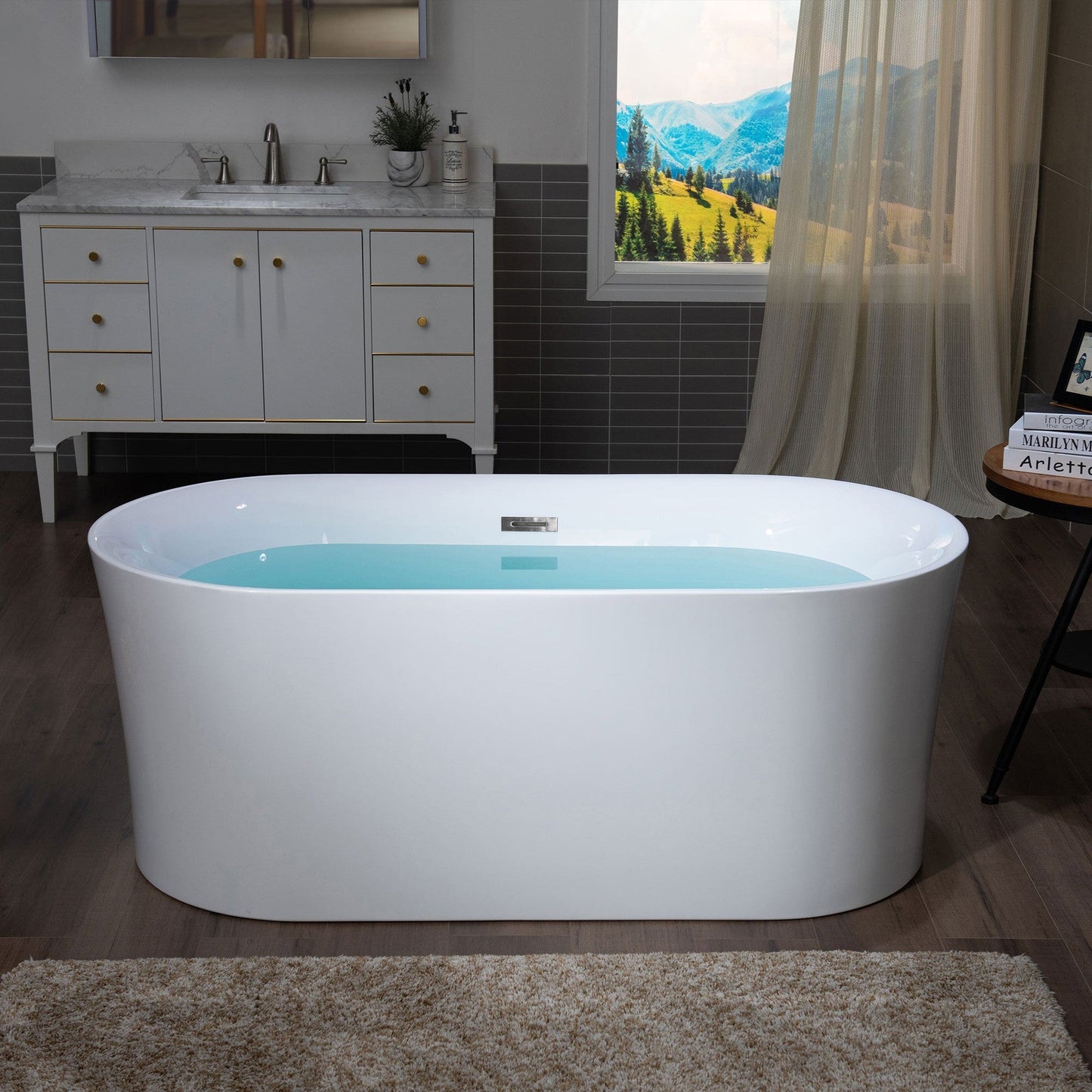 WoodBridge B0058 59" White Acrylic Freestanding Contemporary Soaking Bathtub With Brushed Nickel Overflow, Drain, F0023BNRD Tub Filler and Caddy Tray
