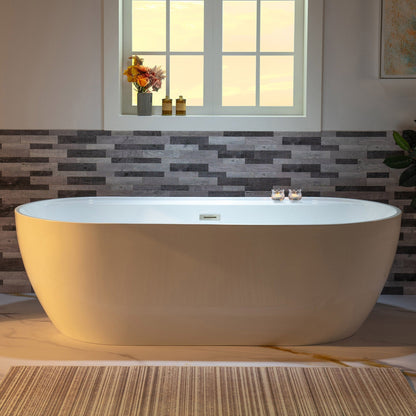 WoodBridge B0059 72" White Acrylic Freestanding Contemporary Soaking Bathtub With Brushed Nickel Overflow and Drain