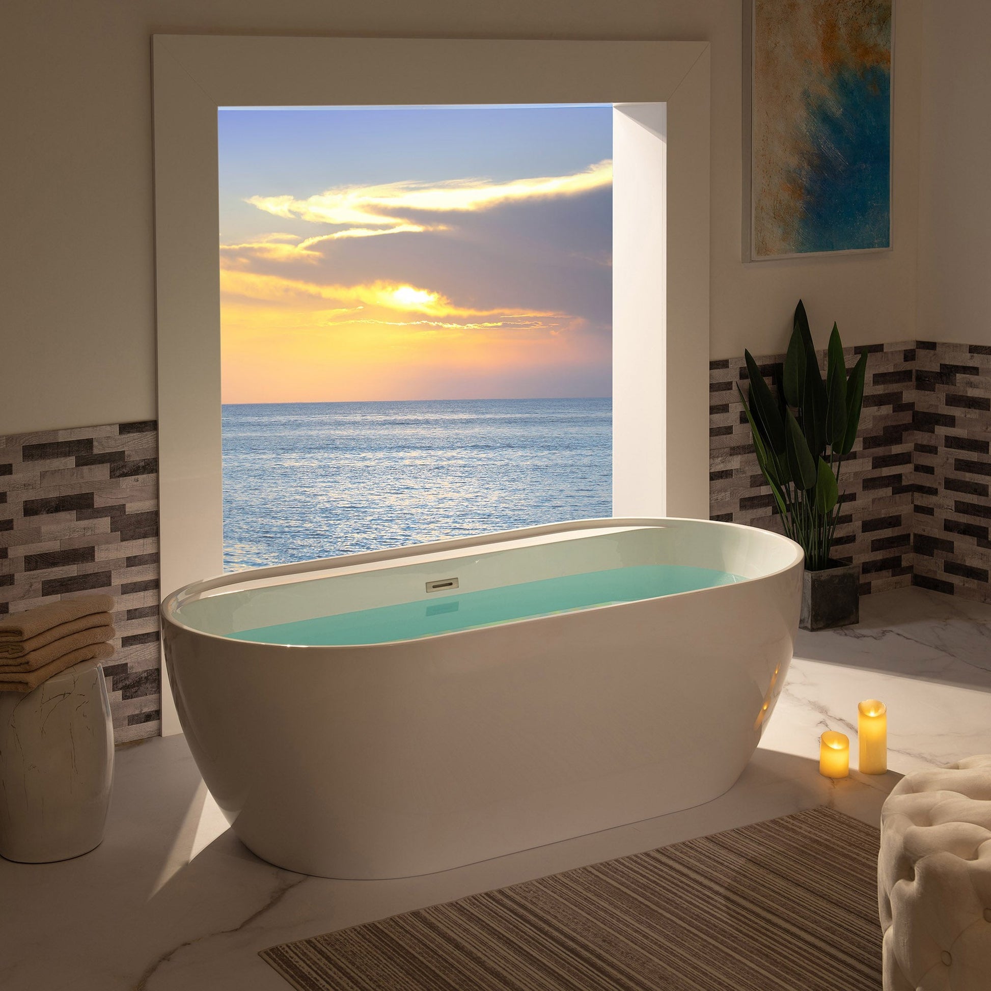 WoodBridge B0059 72" White Acrylic Freestanding Contemporary Soaking Bathtub With Brushed Nickel Overflow and Drain