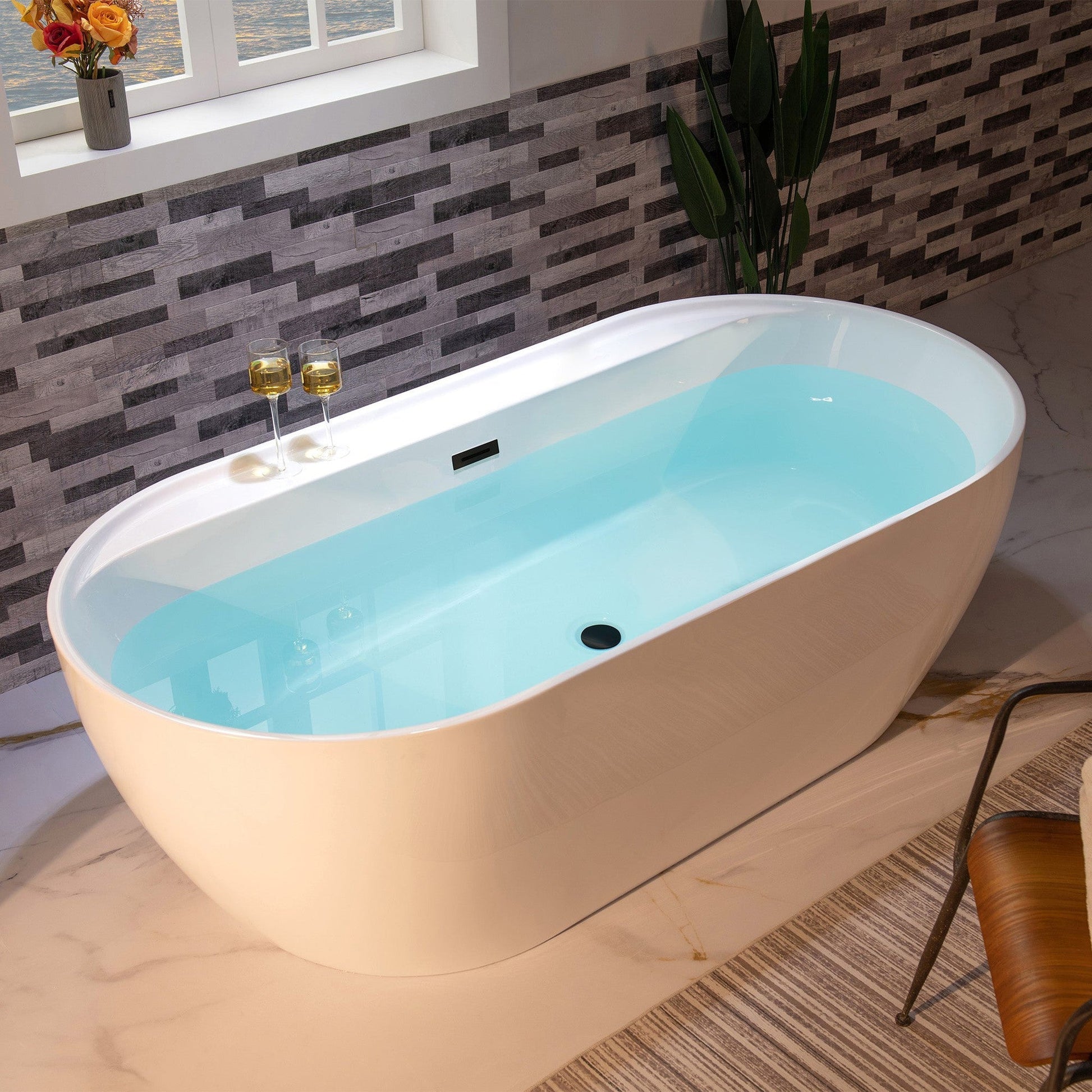 WoodBridge B0059 72" White Acrylic Freestanding Contemporary Soaking Bathtub With Matte Black Overflow and Drain