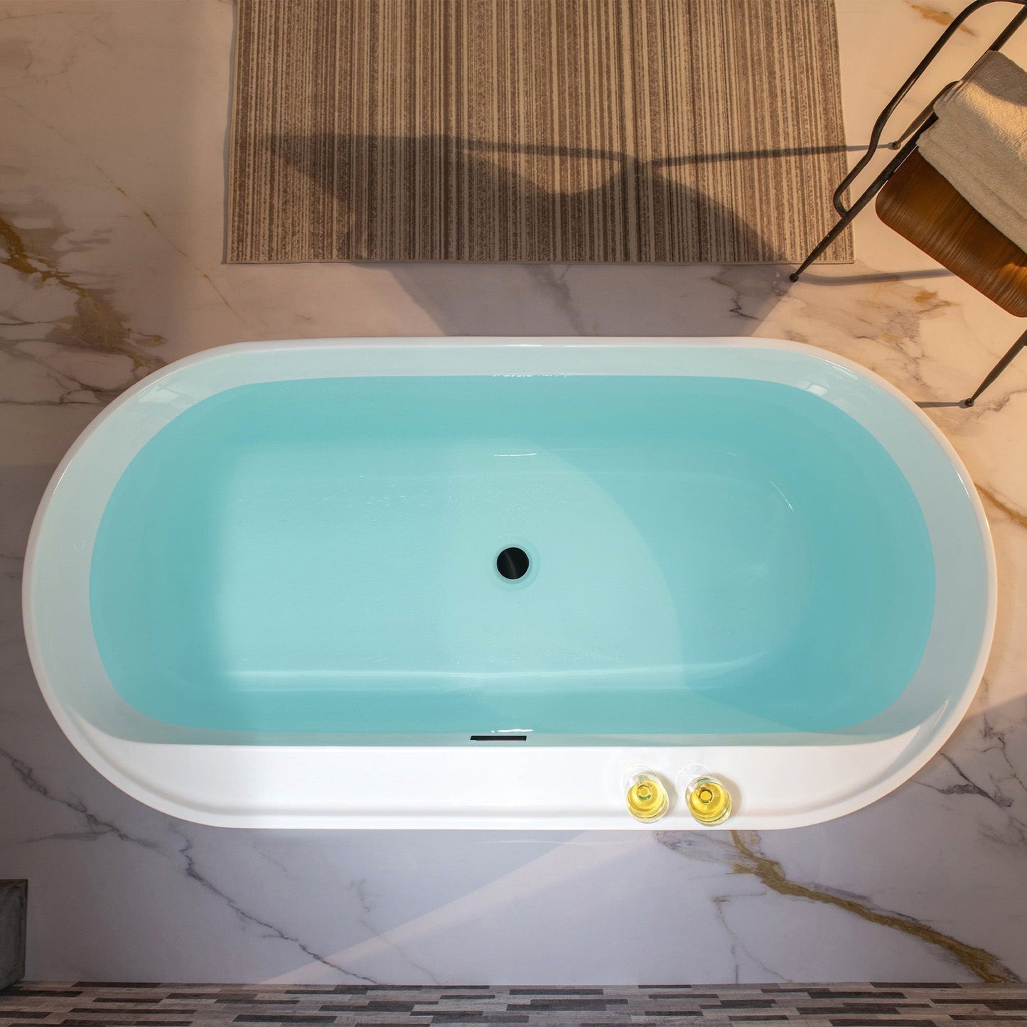 WoodBridge B0059 72" White Acrylic Freestanding Contemporary Soaking Bathtub With Matte Black Overflow and Drain