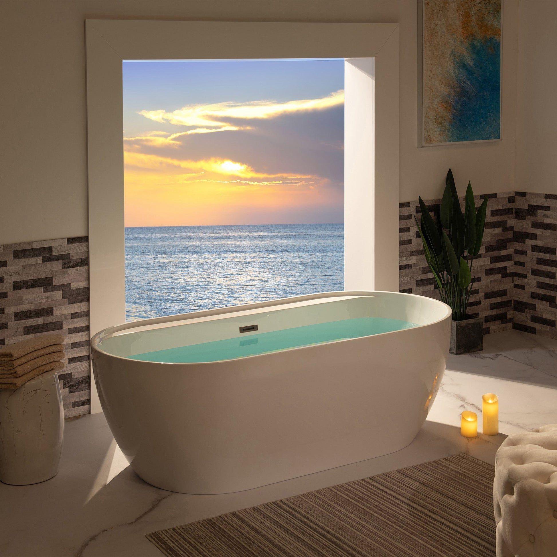 WoodBridge B0059 72" White Acrylic Freestanding Contemporary Soaking Bathtub With Oil Rubbed Bronze Overflow and Drain