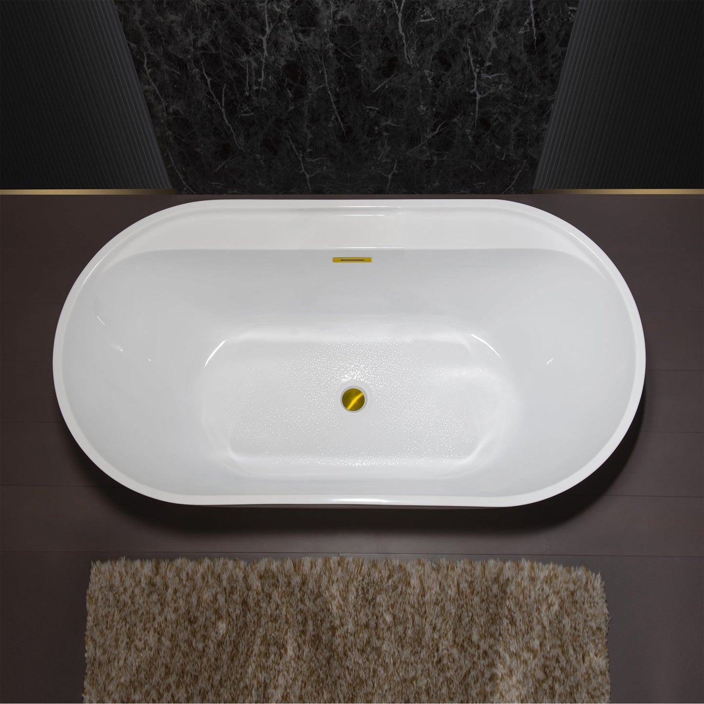 WoodBridge B0064 59" White Acrylic Freestanding Contemporary Soaking Bathtub With Brushed Gold Overflow, Drain, F0073BGVT Tub Filler and Caddy Tray
