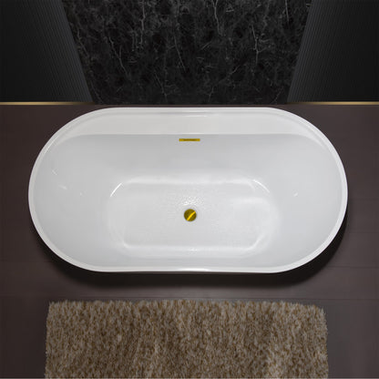 WoodBridge B0064 59" White Acrylic Freestanding Contemporary Soaking Bathtub With Brushed Gold Overflow and Drain