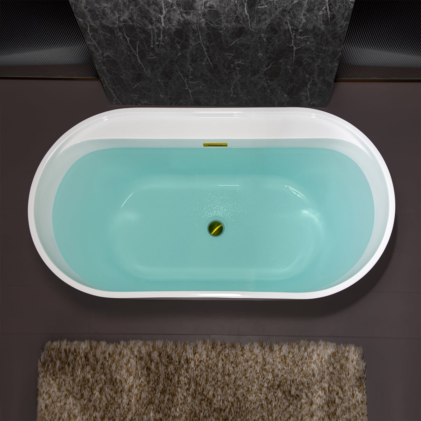 WoodBridge B0064 59" White Acrylic Freestanding Contemporary Soaking Bathtub With Brushed Gold Overflow and Drain