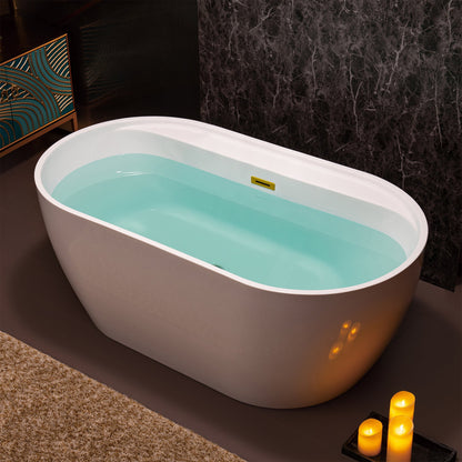 WoodBridge B0064 59" White Acrylic Freestanding Contemporary Soaking Bathtub With Brushed Gold Overflow and Drain