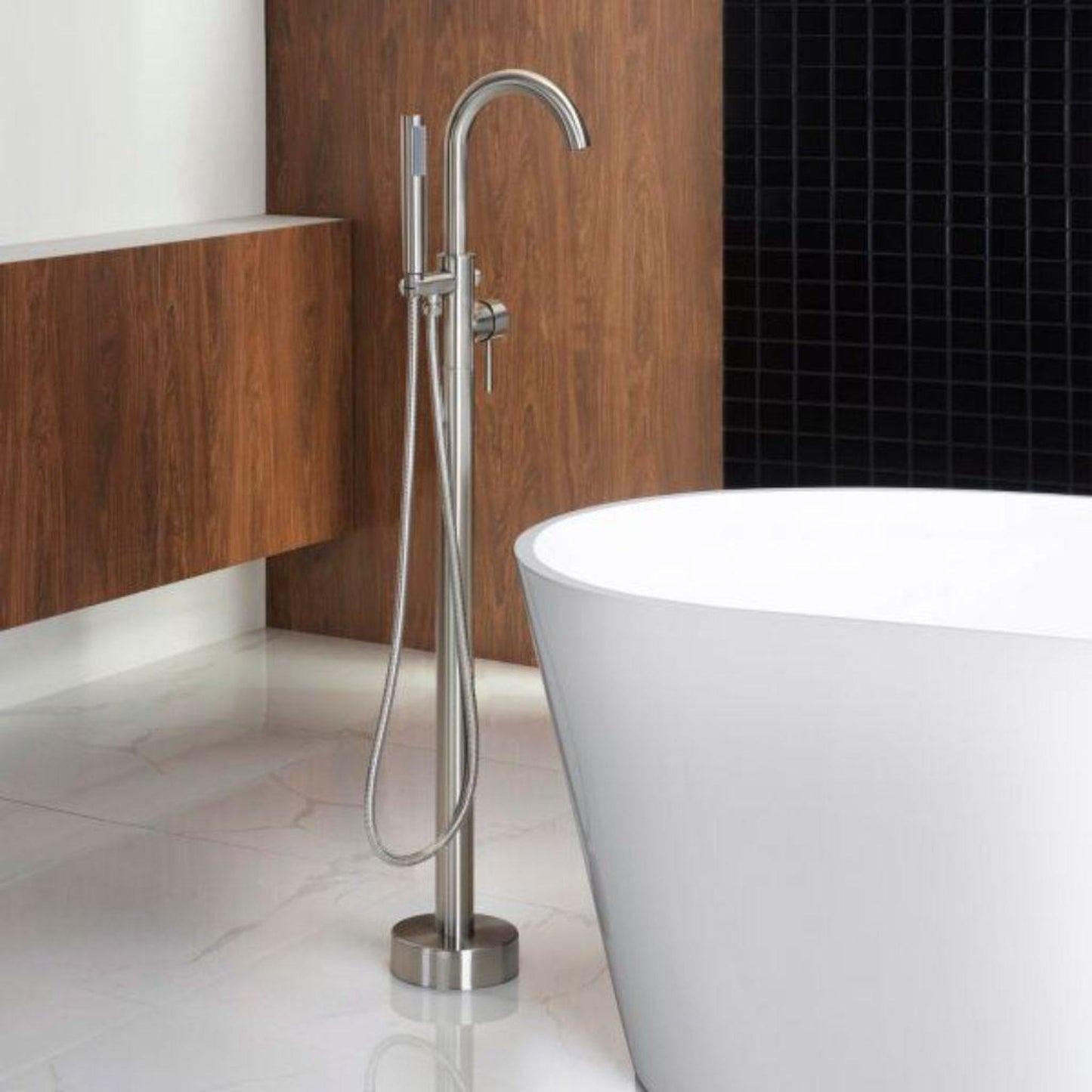 WoodBridge BTA1526 67" White Acrylic Freestanding Contemporary Soaking Bathtub With Brushed Nickel Overflow, Drain, F0001BNRD Tub Filler and Caddy Tray