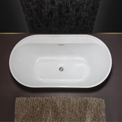 WoodBridge B0064 59" White Acrylic Freestanding Contemporary Soaking Bathtub With Brushed Nickel Overflow, Drain, F0070BNVT Tub Filler and Caddy Tray