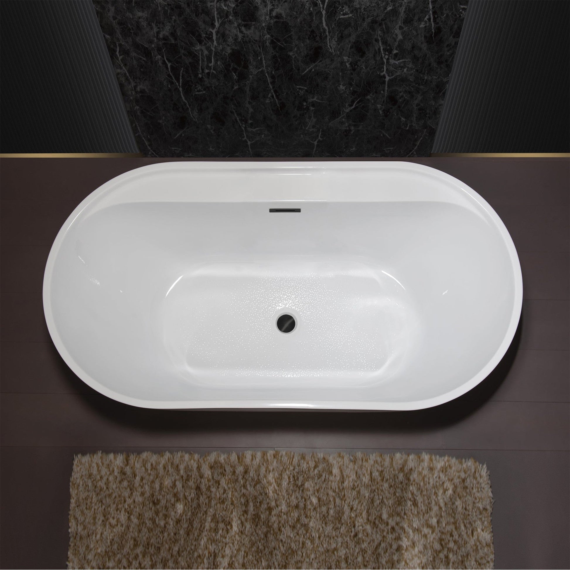 WoodBridge B0064 59" White Acrylic Freestanding Contemporary Soaking Bathtub With Matte Black Overflow, Drain, F0072MBVT Tub Filler and Caddy Tray
