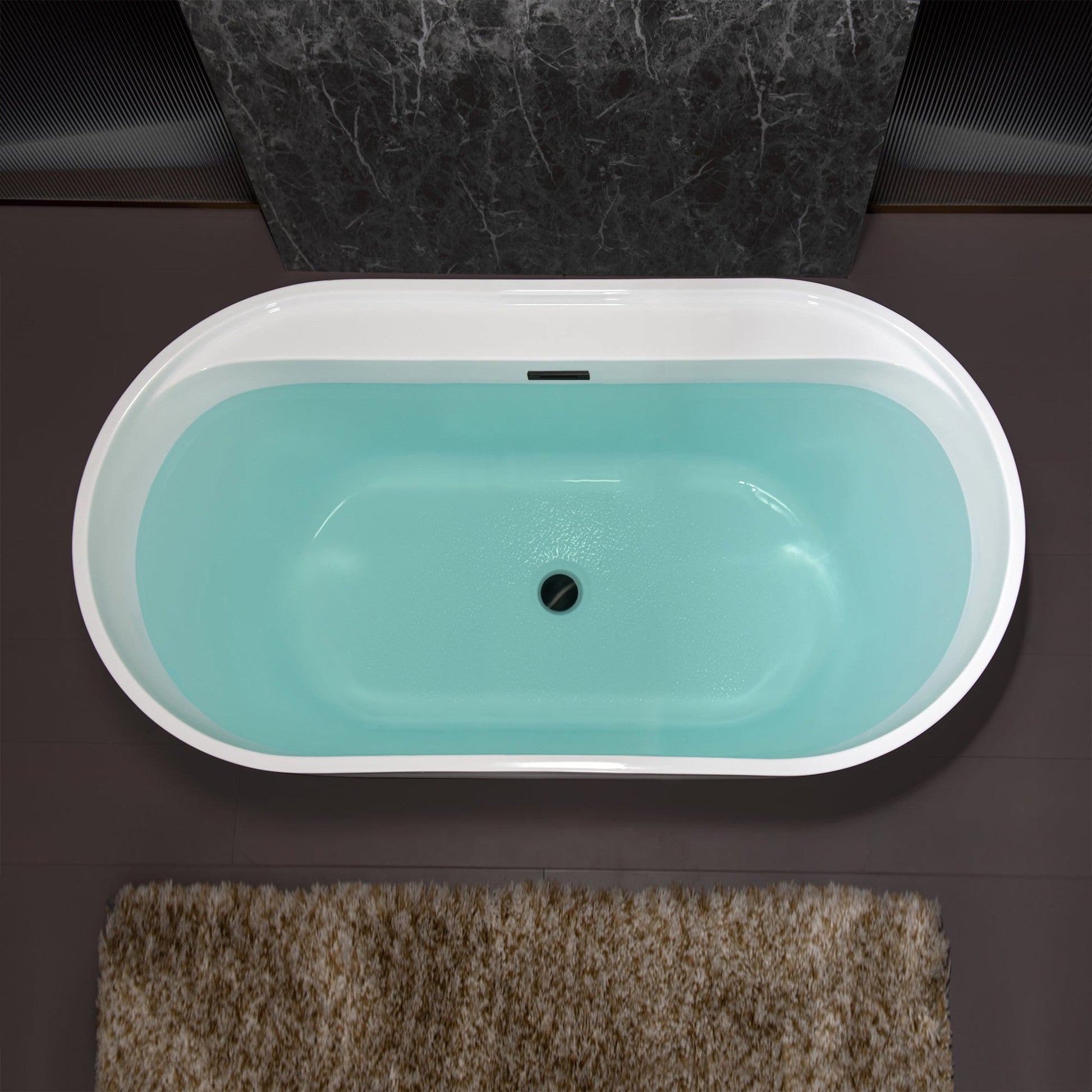 WoodBridge B0064 59" White Acrylic Freestanding Contemporary Soaking Bathtub With Matte Black Overflow, Drain, F0072MBVT Tub Filler and Caddy Tray