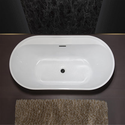 WoodBridge B0064 59" White Acrylic Freestanding Contemporary Soaking Bathtub With Matte Black Overflow and Drain