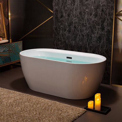 WoodBridge B0064 59" White Acrylic Freestanding Contemporary Soaking Bathtub With Oil Rubbed Bronze Overflow and Drain